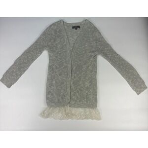 Sugar Rush Girls Cardigan Sweater Womens L Gray Stretch Lace Trim Hem Open Front